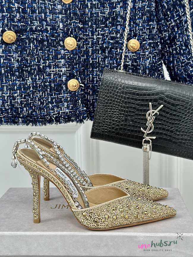 	 Jimmy Choo Saeda 100 Gold Embellished Pointed-Toe Pumps  - 1