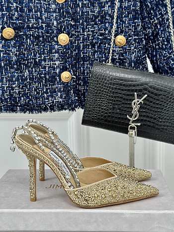 	 Jimmy Choo Saeda 100 Gold Embellished Pointed-Toe Pumps 