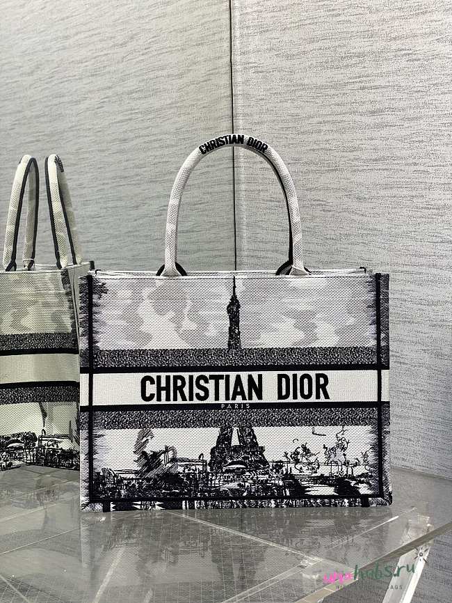 Dior Medium Book Tote Black And White Effei Tower Embroidery - 1