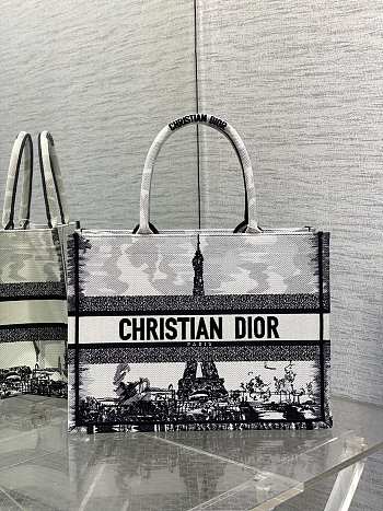 Dior Medium Book Tote Black And White Effei Tower Embroidery