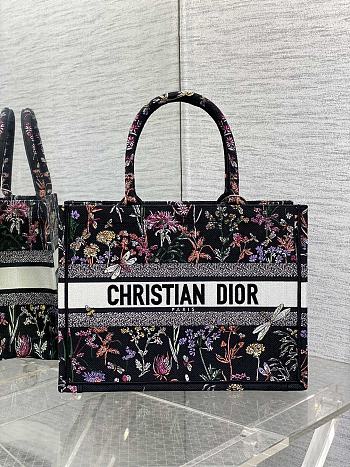 Dior Medium Book Tote Black Flowers Embroidery