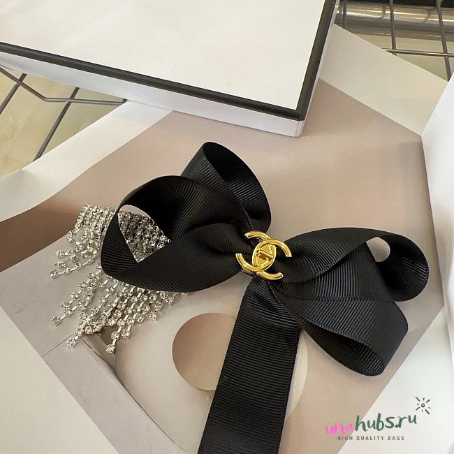 Chanel Black Ribbon Hairclip CC Logo - 1