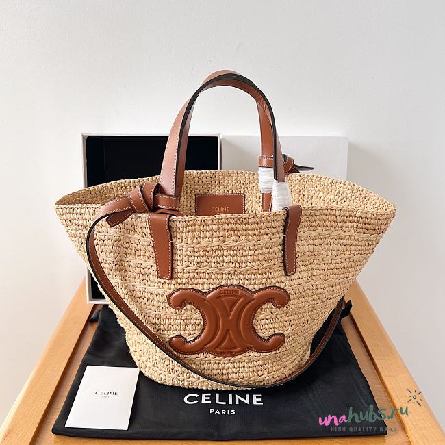 Celine raffia tote bag in beige and brown - 21.5 X 22 X 13cm - 1