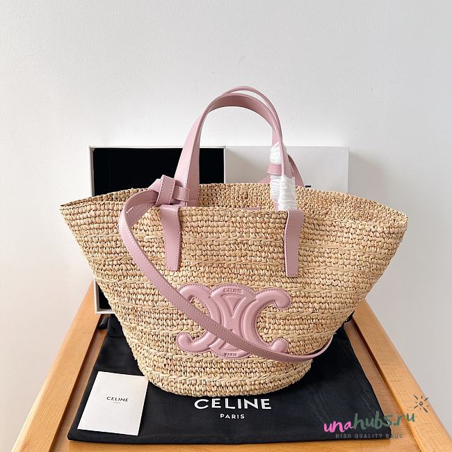 	 Celine raffia tote bag in beige and pink - 21.5 X 22 X 13cm - 1