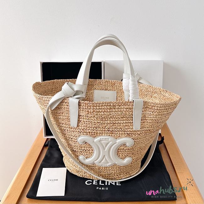 Celine raffia tote bag in beige and white - 21.5 X 22 X 13cm - 1