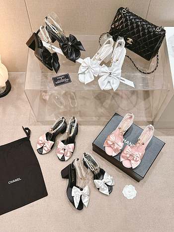 Chanel Pearl Heel Sandals With Ribbon