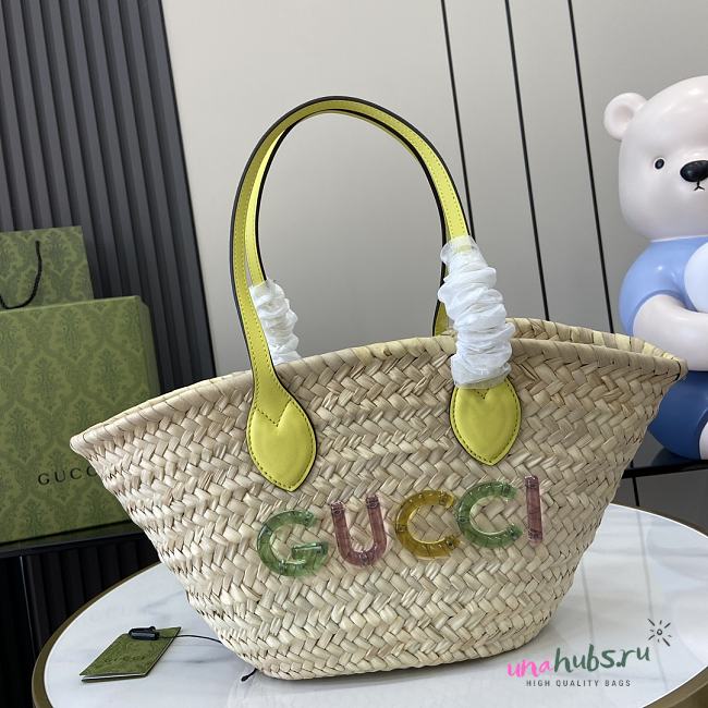 Gucci Metallic Small Logo Straw Yellow Basket Bag - 37x19x14cm - 1