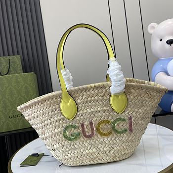 Gucci Metallic Small Logo Straw Yellow Basket Bag - 37x19x14cm