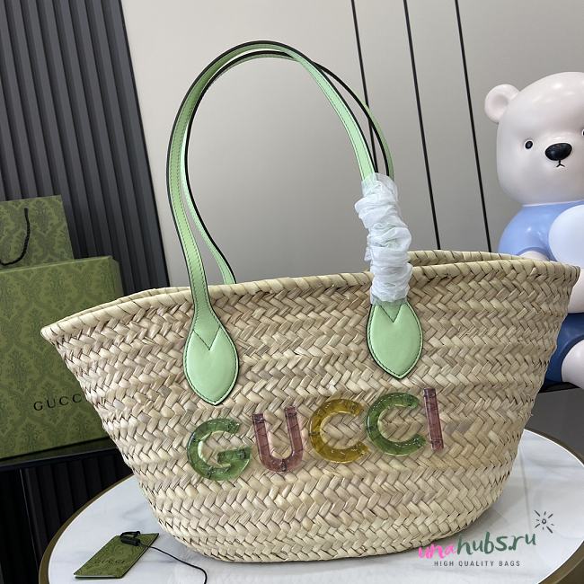 	 Gucci Metallic Small Logo Straw Green Basket Bag - 26x22x18cm - 1