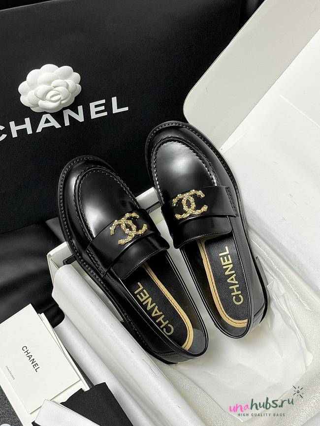 Chanel Black Leather CC Gold Logo Loafers - 1