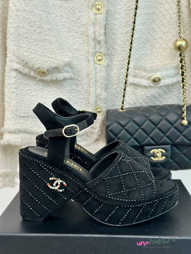 Chanel Lambskin Quilted Peep Toe Wedge Sandals Black Suede - 1