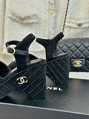 Chanel Lambskin Quilted Peep Toe Wedge Sandals Black Suede - 6