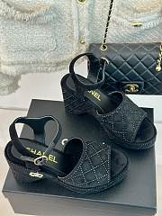 Chanel Lambskin Quilted Peep Toe Wedge Sandals Black Suede - 4