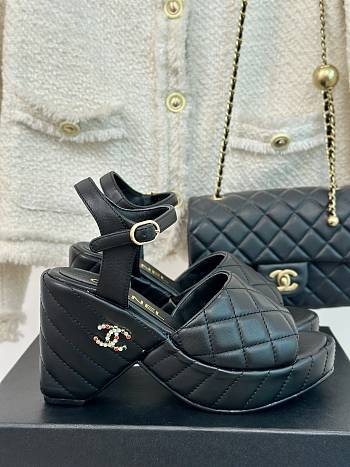 Chanel Lambskin Quilted Peep Toe Wedge Sandals 