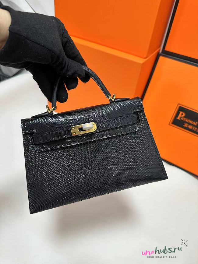 Hermès Kelly Black 19cm Lizard Bag - 1