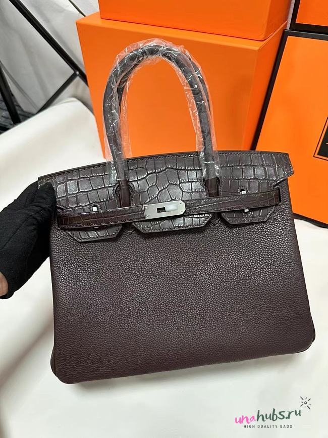 HERMÈS Matte Alligator Birkin Touch 25 handbag in Ebene Togo leather with Silver hardware - 1