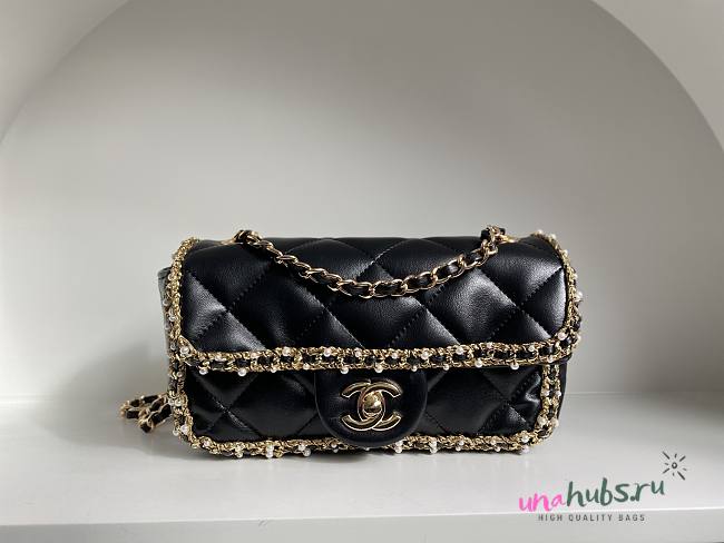 Chanel Lambskin Quilted Pearl Edge Mini Rectangular Flap Bag Black 20cm - 1