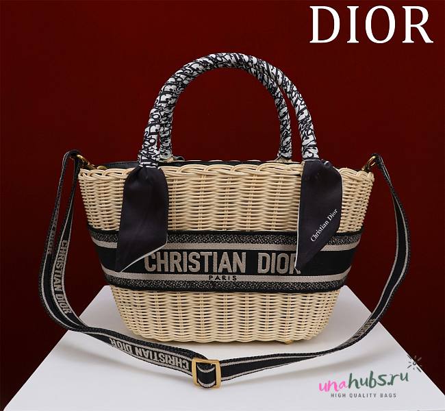 Dior Hat Basket Bag Natural Wicker and Blue Dior Oblique Jacquard - 35 x 20.5 x 11 cm - 1