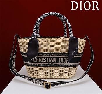 Dior Hat Basket Bag Natural Wicker and Blue Dior Oblique Jacquard - 35 x 20.5 x 11 cm