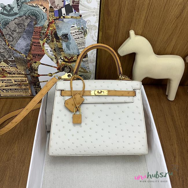 Hermes Kelly 25 White abd Brown Ostrich Leather  Bag - 1