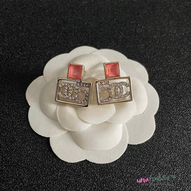 Chanel Square CC Logo and Pink stone earrings - 1