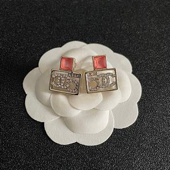 Chanel Square CC Logo and Pink stone earrings