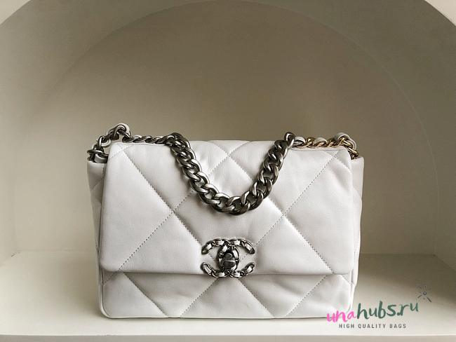 Chanel 19 handbag white leather in silver hardware 26cm - 1