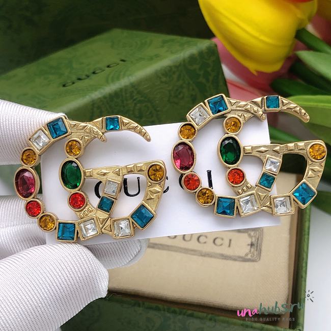 Gucci Metal Crystal Double G Brooch Aged Gold Multicolor Earrings - 1