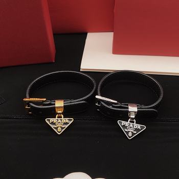 Prada Black Logo Plated Saffiano Leather Enamel Triangle Charm Bracelet