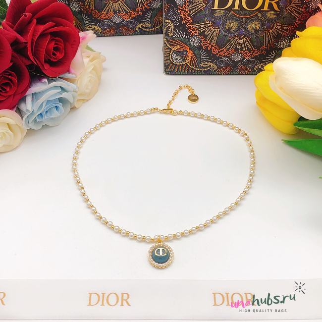 Dior Petit CD Baroque Necklace Gold-Finish Metal with White Resin Pearls and Sky Blue Glass - 1