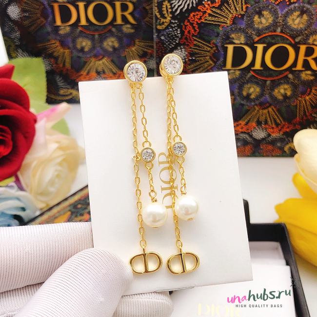 Dior Petit CD Treasure Earrings Gold-Finish Metal with White Resin Pearls and Silver-Tone Crystals - 1