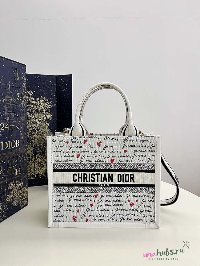  Dior Book Tote Dioramour Small White Embroidery with Black and Red Je Vous Adore Motif and White Calfskin - 1