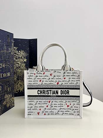  Dior Book Tote Dioramour Small White Embroidery with Black and Red Je Vous Adore Motif and White Calfskin