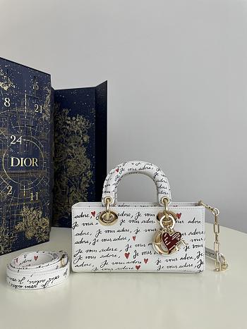 Dior small Lady D-Joy White Embroidery with Black and Red Je Vous Adore Motif and White Calfskin