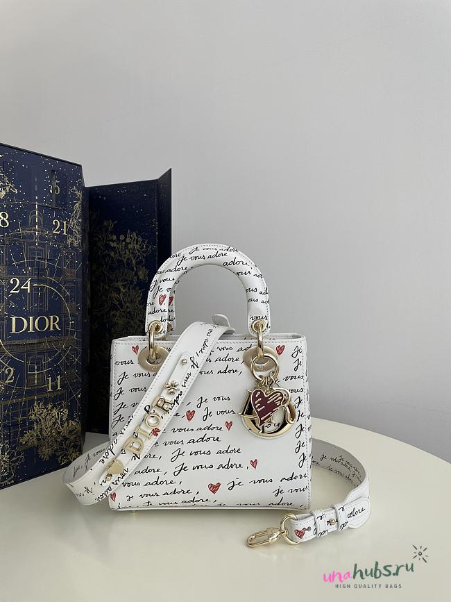 Dior Lady Small White Embroidery with Black and Red Je Vous Adore Motif and White Calfskin  - 1