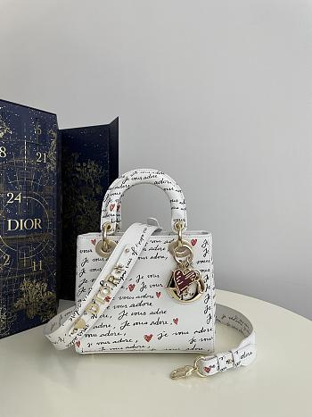 Dior Lady Small White Embroidery with Black and Red Je Vous Adore Motif and White Calfskin 