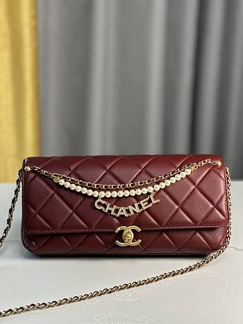 	 Chanel Red Pearl Gold Chain Strap Bag - 13/27/5cm