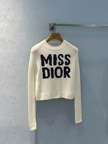 Dior Sweater Ecru Cashmere and Silk Knit with Red Miss Dior Graffiti Motif