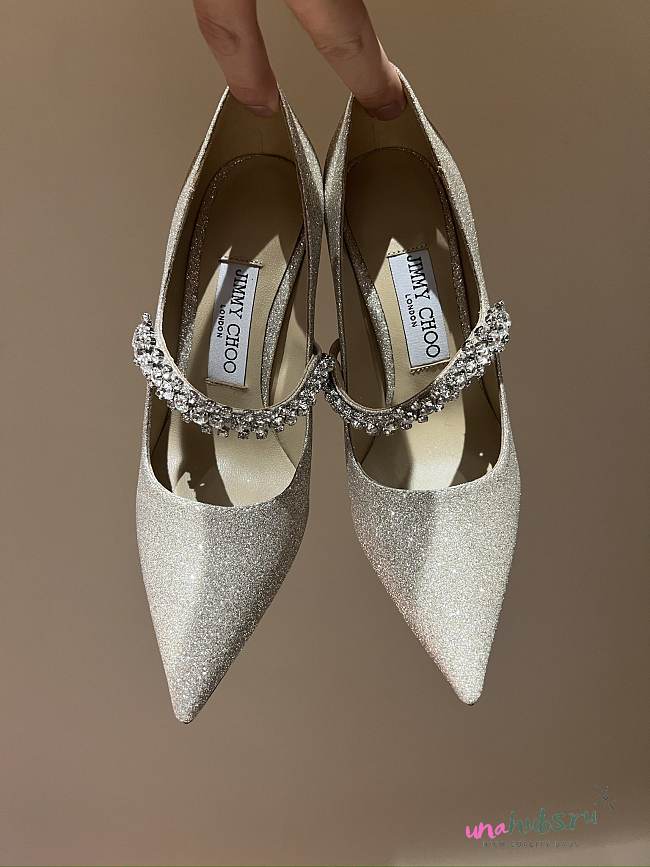 Jimmy Choo Bing 65mm Silver Glitter Leather Mules with Crystal Strap - 1