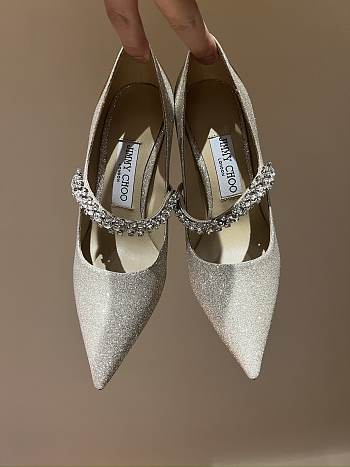 Jimmy Choo Bing 65mm Silver Glitter Leather Mules with Crystal Strap