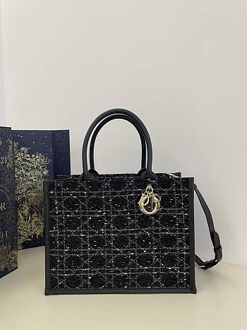 Medium Dior Book Tote Black Cannage Tweed Leather - 36*16*27cm