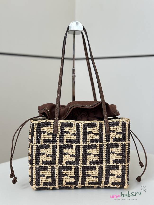 Fendi Small Roll Brown FF raffia crochet shopper with pouch - 23/15/19cm - 1