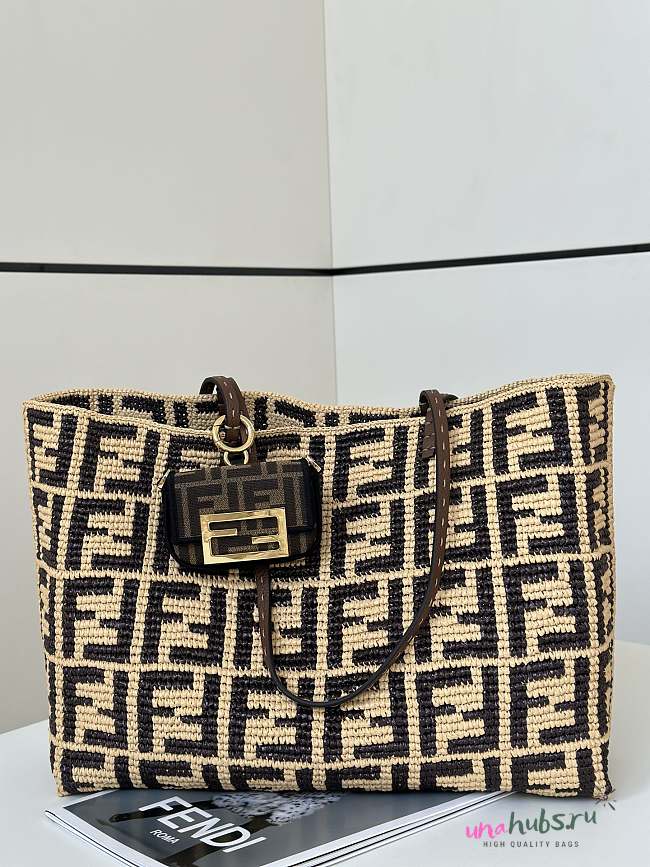 Fendi Roll Brown FF raffia crochet shopper - 35/19/31 - 1