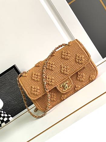 Chanel Camel Beige Raffia Woven Classic Flap Bag - 25cm