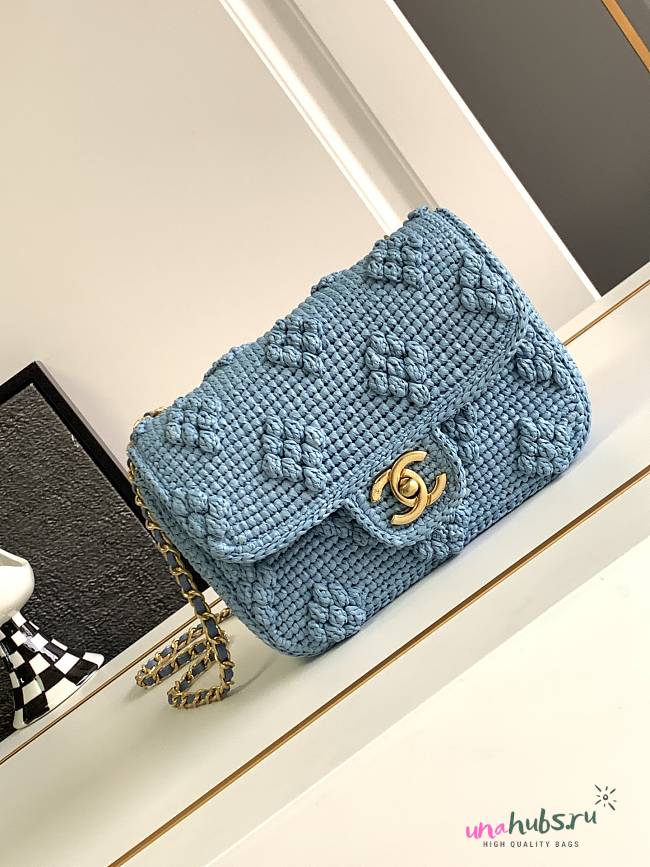 Chanel Blue Beige Raffia Woven Classic Flap Bag 20x12x6cm - 1