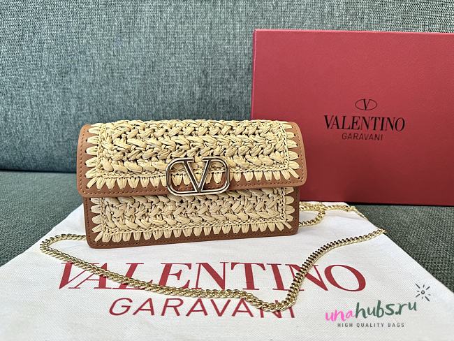 Valentino Garavani Beige & Brown VLogo Signature Raffia Shoulder Bag 20x10.5x4CM - 1