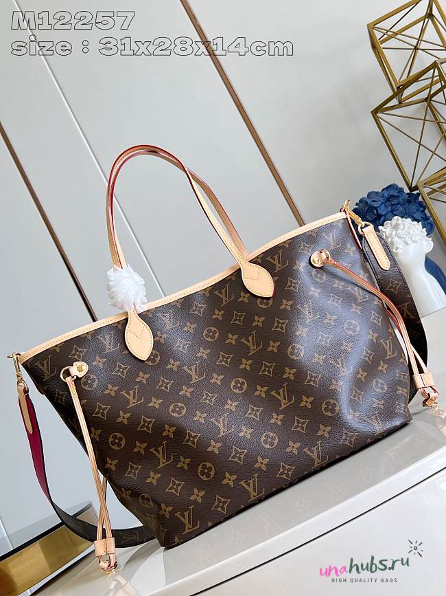 	 Louis Vuitton Neverfull MM With Leather Strap Monogram Canvas Pink - 1