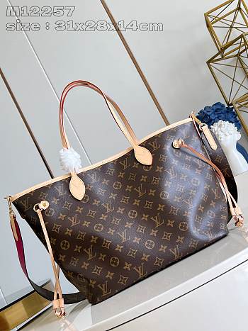 	 Louis Vuitton Neverfull MM With Leather Strap Monogram Canvas Pink