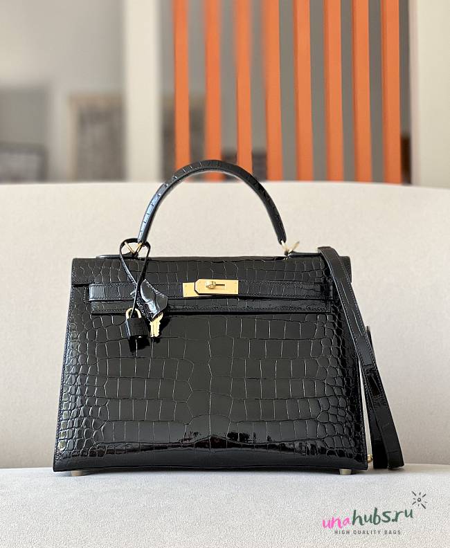 	 Hermes Grace Kelly All Black Crocodile Leather - 35*13*25cm - 1