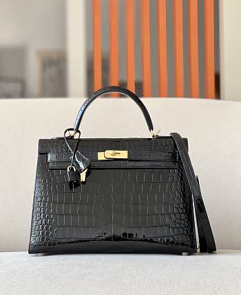 	 Hermes Grace Kelly All Black Crocodile Leather - 35*13*25cm